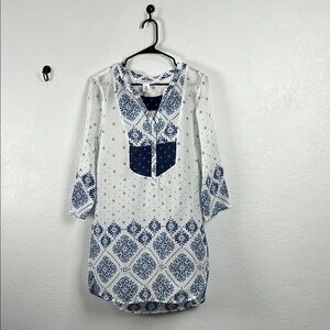 H&M L.O.G.G. Dress Tunic Prairie Boho Smock Women’s Size 12 Blue White Sheer